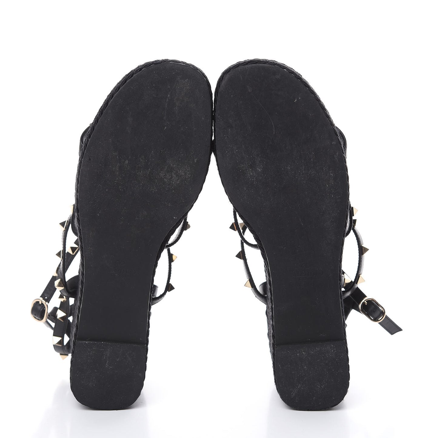 Calfskin Rockstud Ankle Strap Torchon Espadrille Caged 25/95mm Wedge Sandals 41 Black