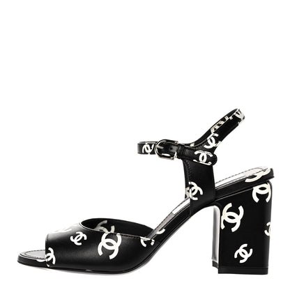 Chanel Printed Lambskin CC Sandals 36.5 Black White 1 of 9