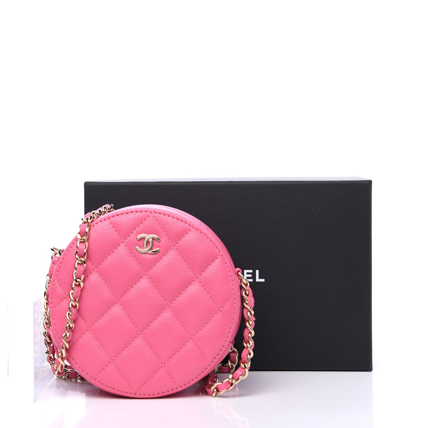 Caviar Quilted Round Clutch With Chain Pink