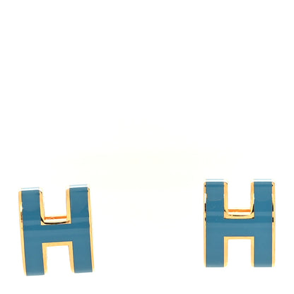 Hermes Gold Lacquered Pop H Earrings Bleu Jean 1 of 5