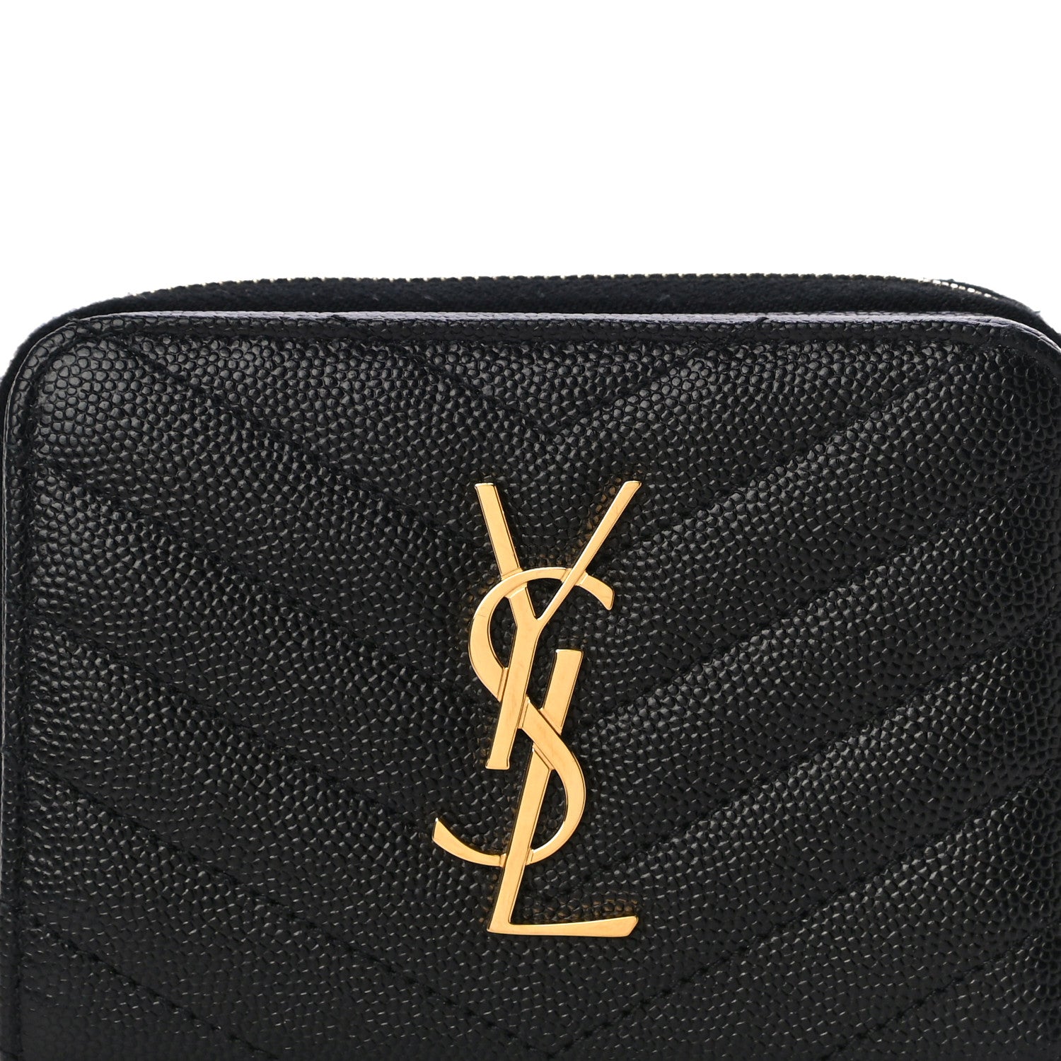 Saint Laurent Grain De Poudre Matelasse Chevron Monogram Compact Zip Around Wallet Black 8 of 11