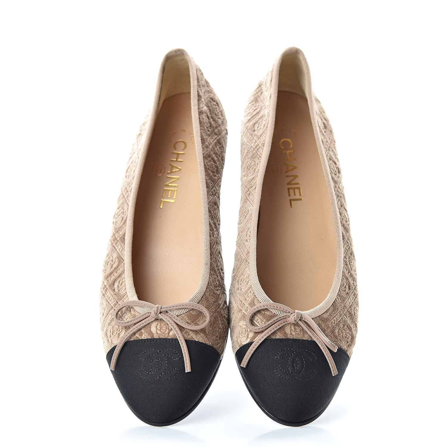 Chanel Velvet Grosgrain Cap Toe Ballerina Flats 39.5 Beige Black 5 of 9