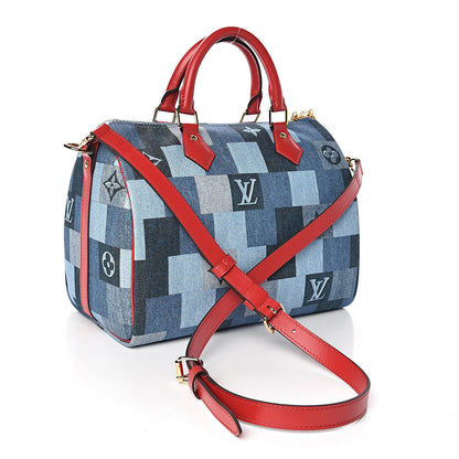 Louis Vuitton Denim Damier Monogram Patchwork Speedy Bandouliere 30 Blue Rouge 3 of 9