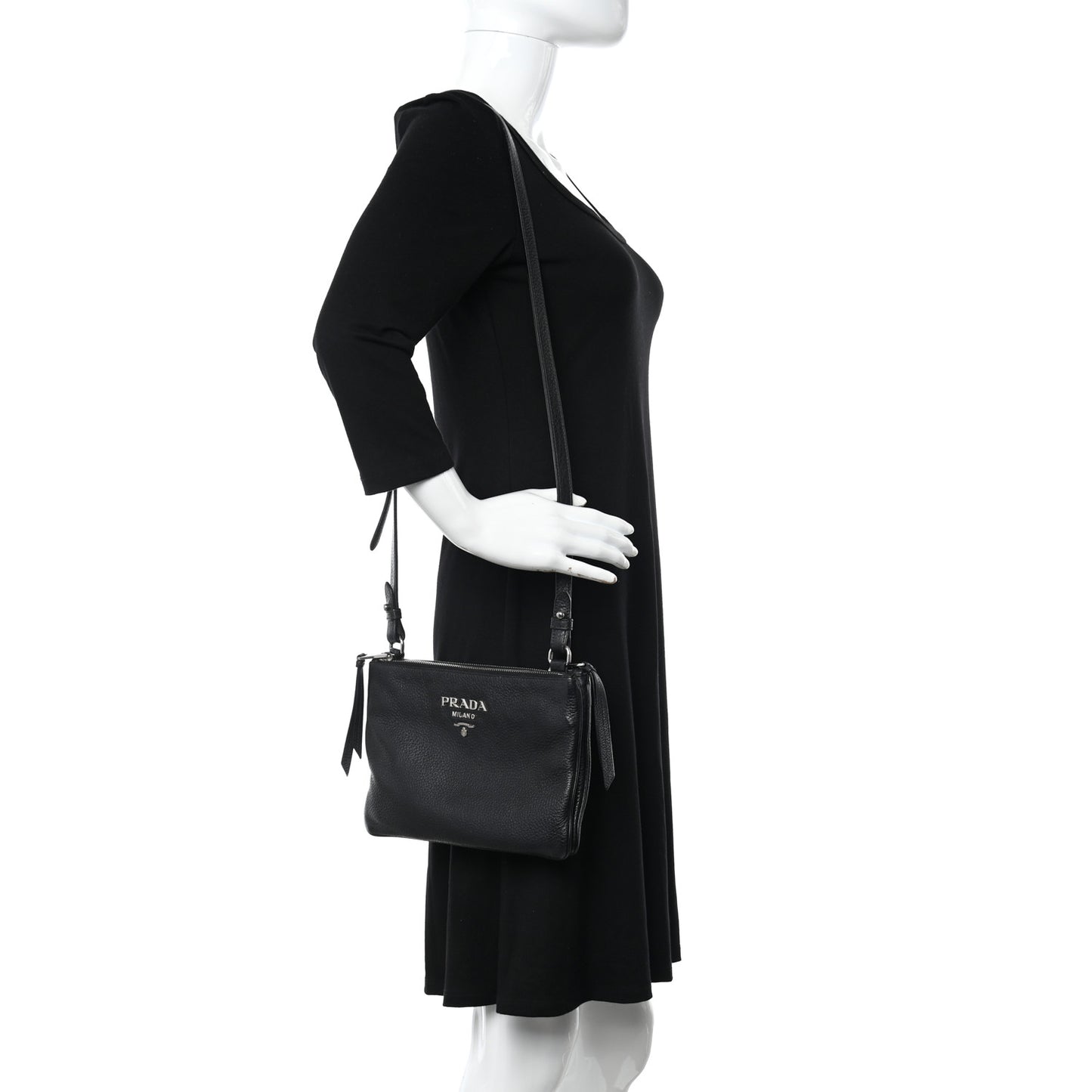 Vitello Daino Double Zip Crossbody Bag Black