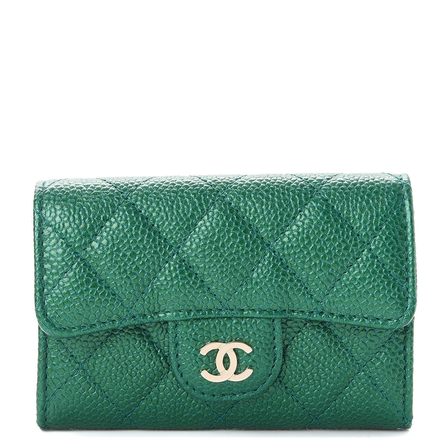 Metallic Caviar Quilted Card Holder Green