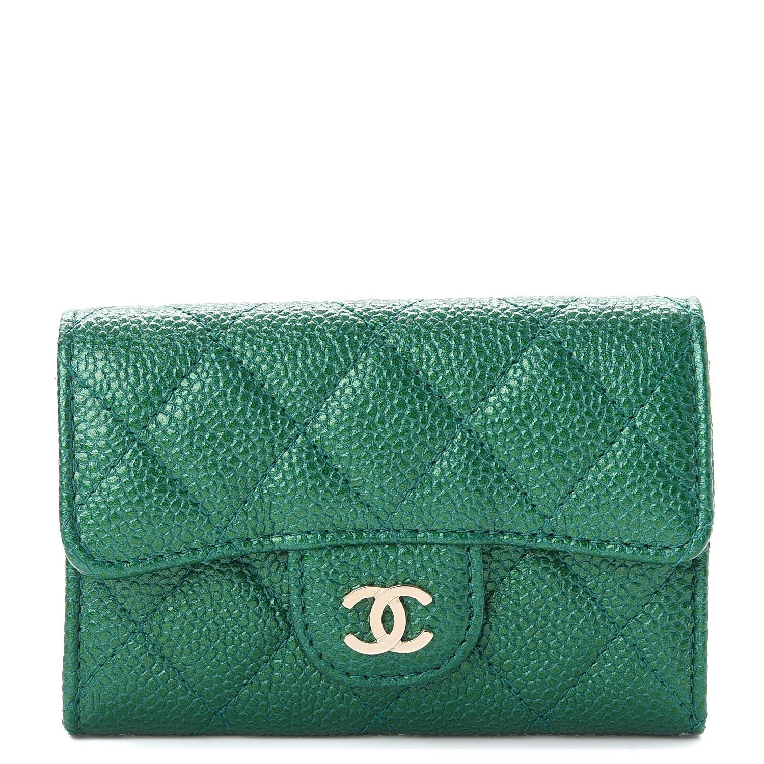 Chanel Metallic Caviar Quilted Card Holder Green 1 of 9