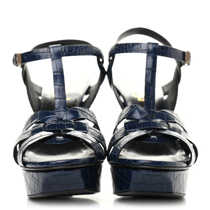 Saint Laurent Crocodile Embossed Tribute 75 Platform Sandals 39.5 Navy 2 of 8