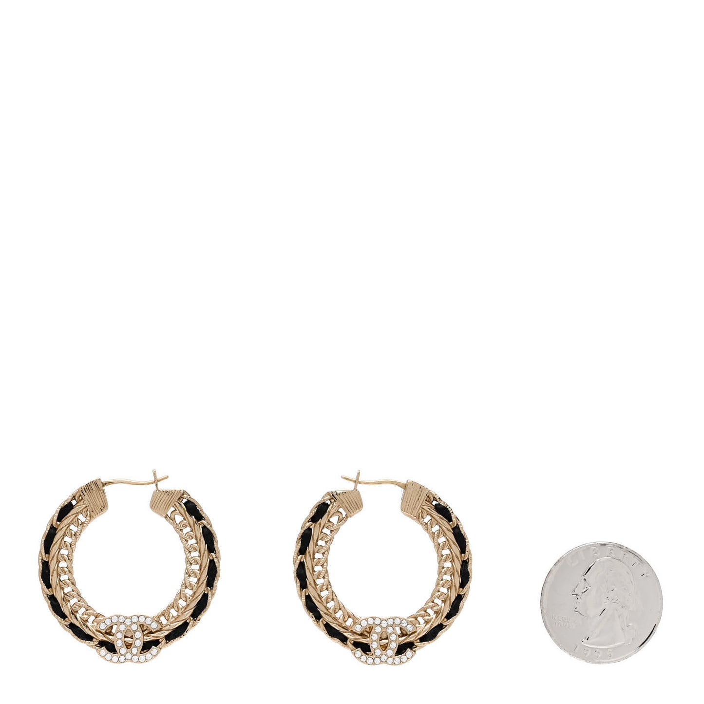 Crystal Lambskin CC Chain Hoop Earrings Gold Black