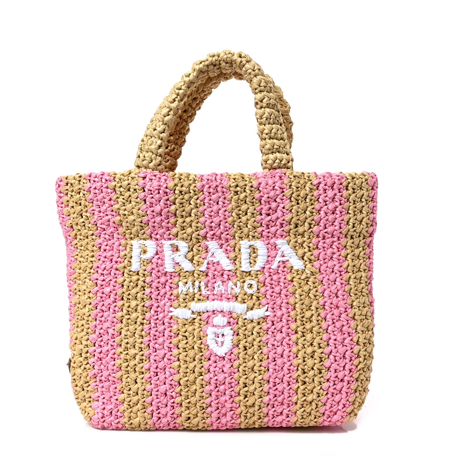 Prada Yarn Raffia Effect Crochet Striped Small Logo Tote Naturale Petalo 1 of 8