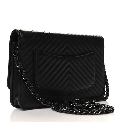 Chanel Lambskin Chevron Quilted Wallet On Chain WOC So Black 3 of 13