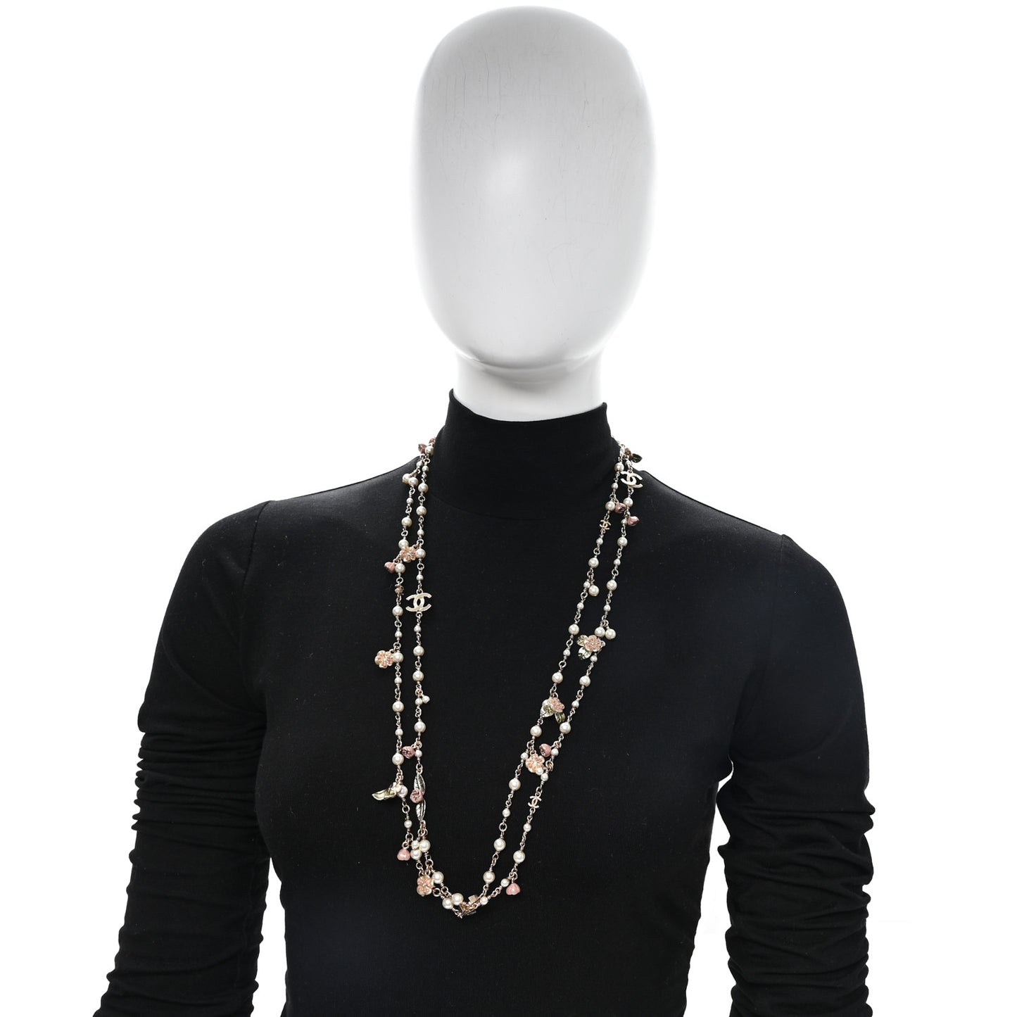 Pearl Enamel CC Camellia Long Necklace Gold Beige Pink