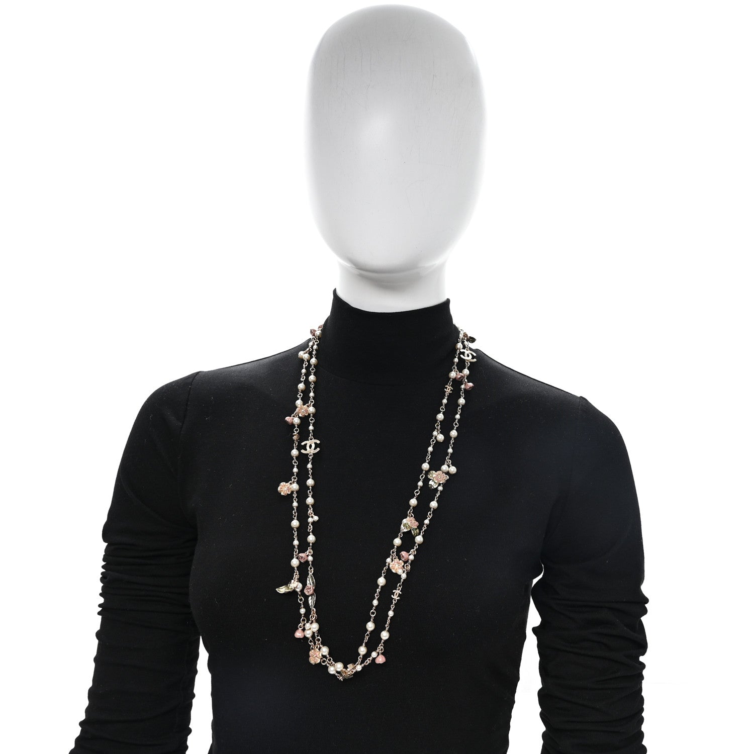 Chanel Pearl Enamel CC Camellia Long Necklace Gold Beige Pink 2 of 4