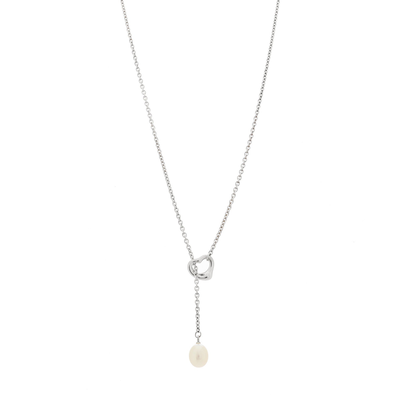 Tiffany Sterling Silver Cultured Pearl 7.5-8mm Elsa Peretti Open Heart Lariat Necklace 1 of 6