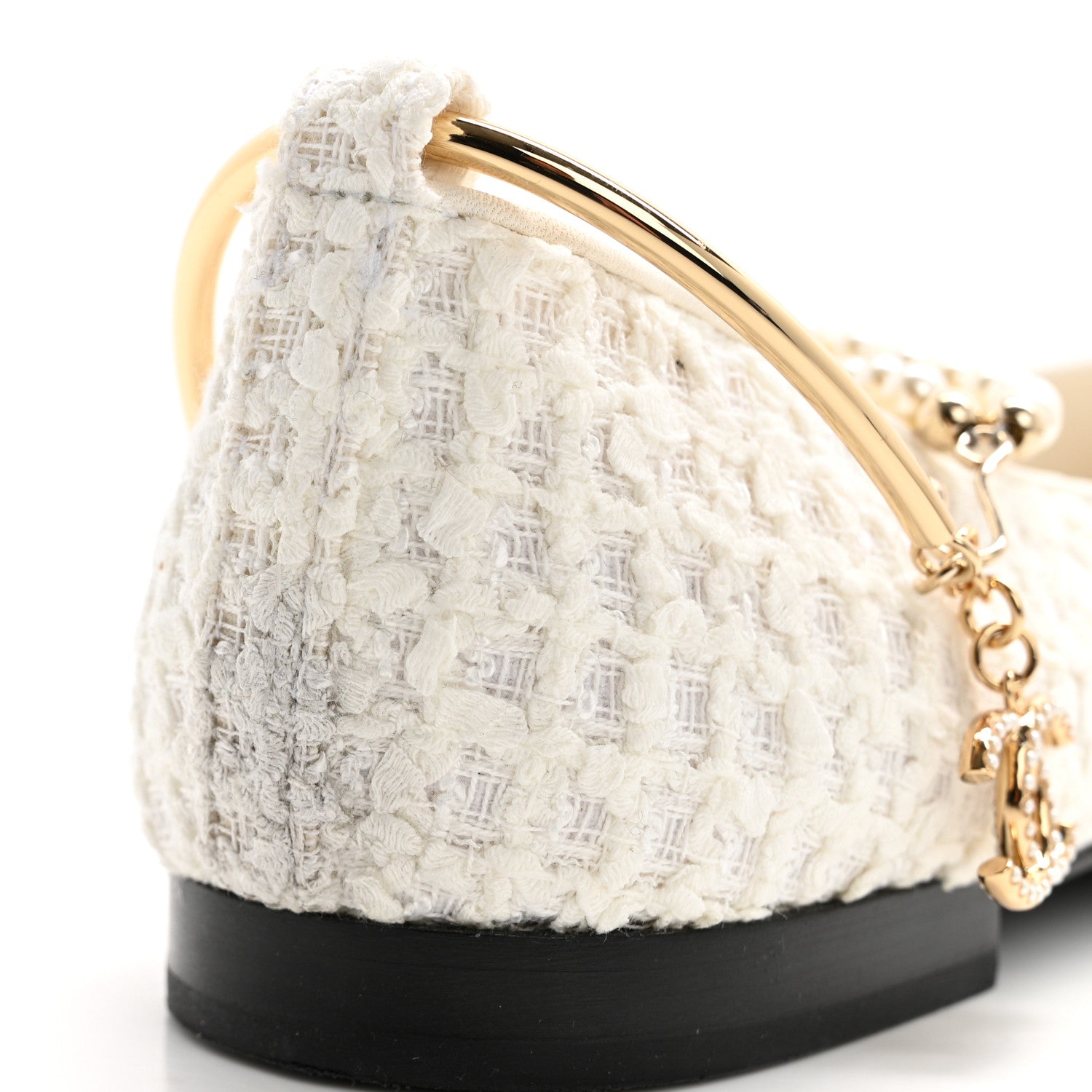 Chanel Tweed Lambskin Cap Toe Ankle Chain Ballerina Flats 38 White Black 9 of 9