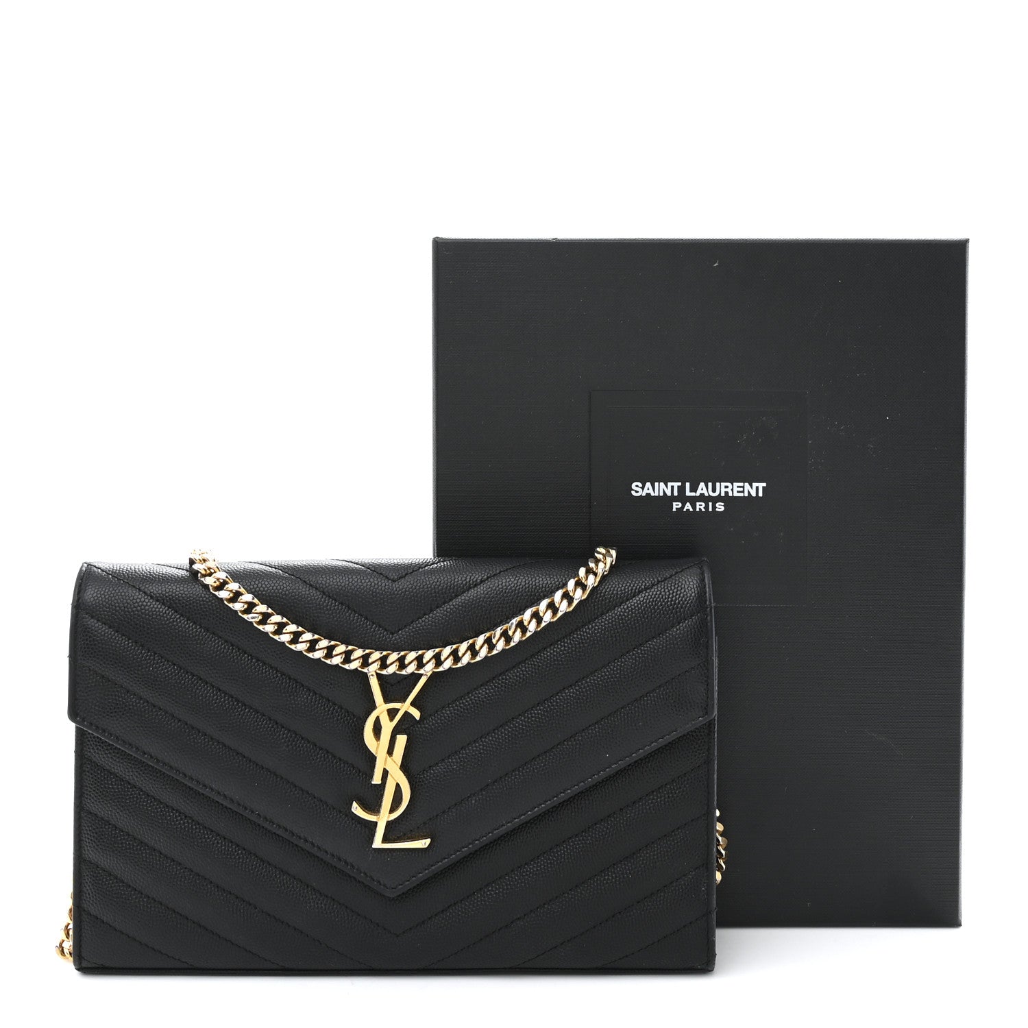Saint Laurent Grain De Poudre Matelasse Chevron Monogram Chain Wallet Black 12 of 12