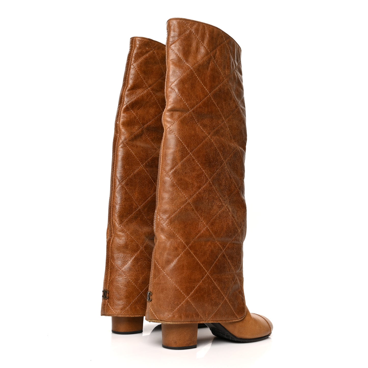 Calfskin Quilted CC High Boots 37.5 Brown