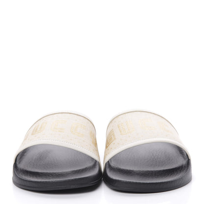 Gucci X SEGA Supreme Canvas GUCCY Stars Womens Slide Sandals 39 Mystic White Gold 2 of 8
