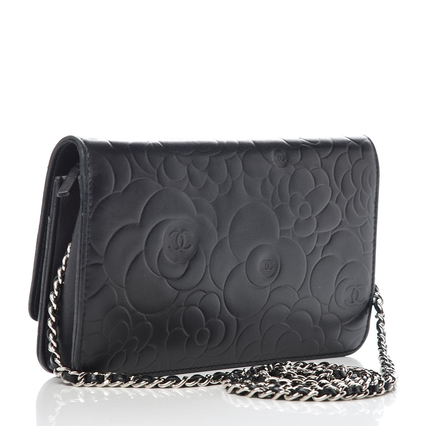 Lambskin Camellia Embossed Wallet On Chain WOC Black