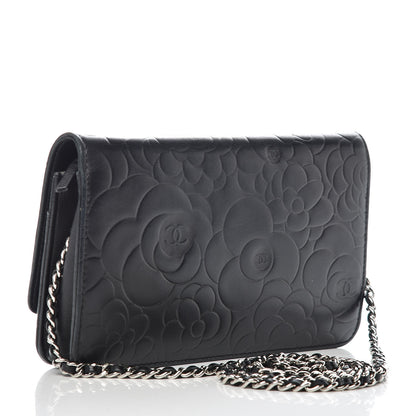 Chanel Lambskin Camellia Embossed Wallet On Chain WOC Black 3 of 18