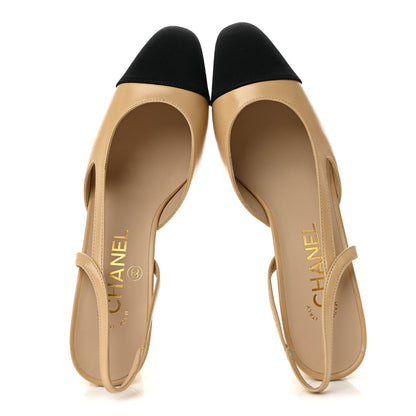 Chanel Goatskin Grosgrain Cap Toe CC Slingback Pumps 36.5 Beige Black 2 of 10