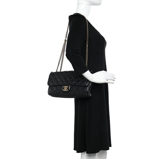 Calfskin Quilted Medium CC Crown Flap Black