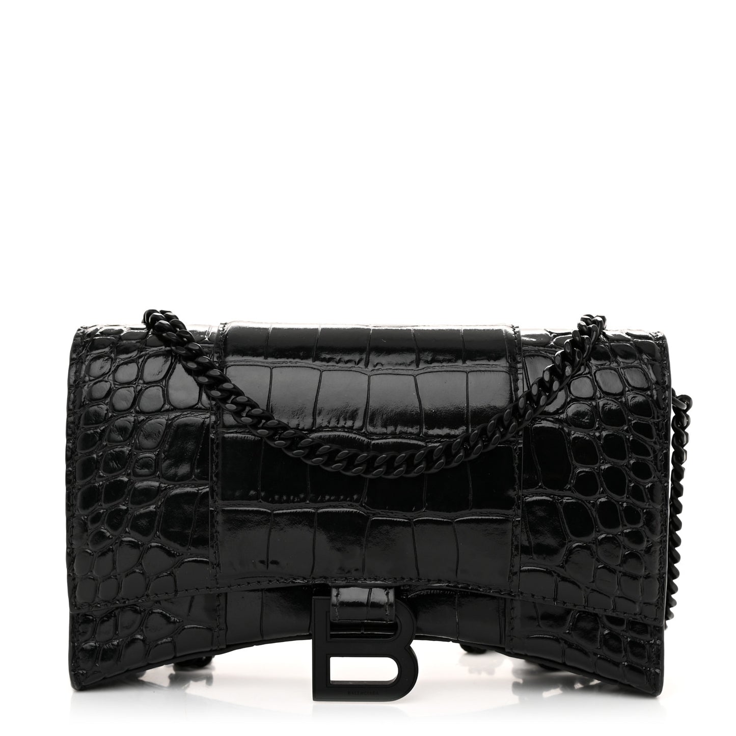 Shiny Calfskin Monochrome Crocodile Embossed Hourglass Chain Bag Black