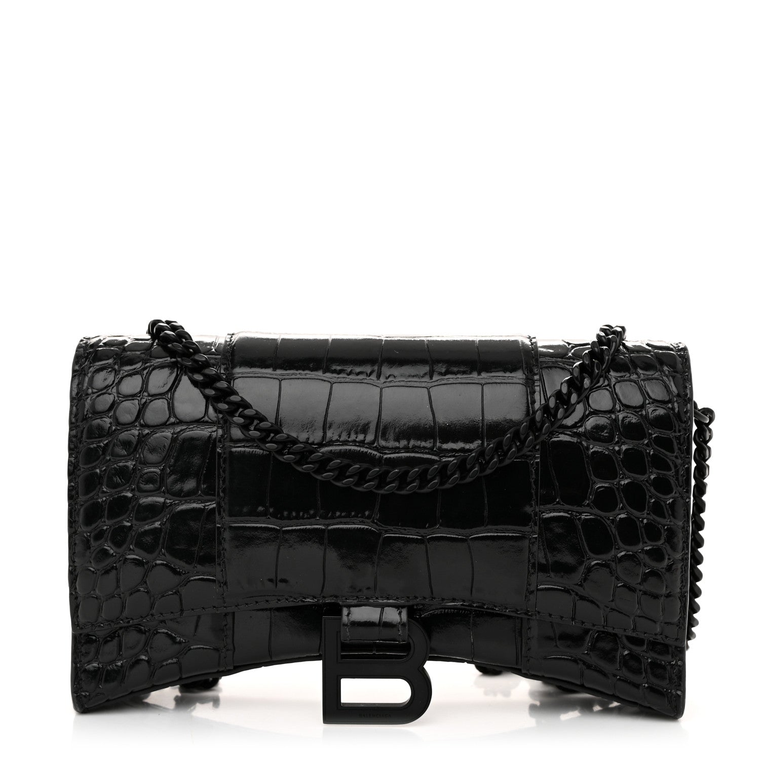 Balenciaga Shiny Calfskin Monochrome Crocodile Embossed Hourglass Chain Bag Black 1 of 9