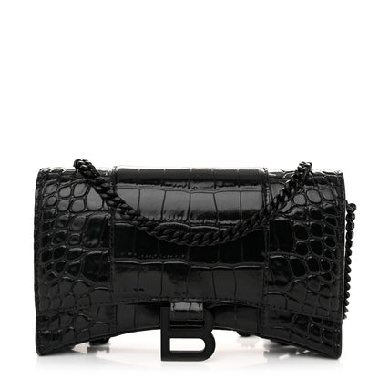 Balenciaga Shiny Calfskin Monochrome Crocodile Embossed Hourglass Chain Bag Black 1 of 9