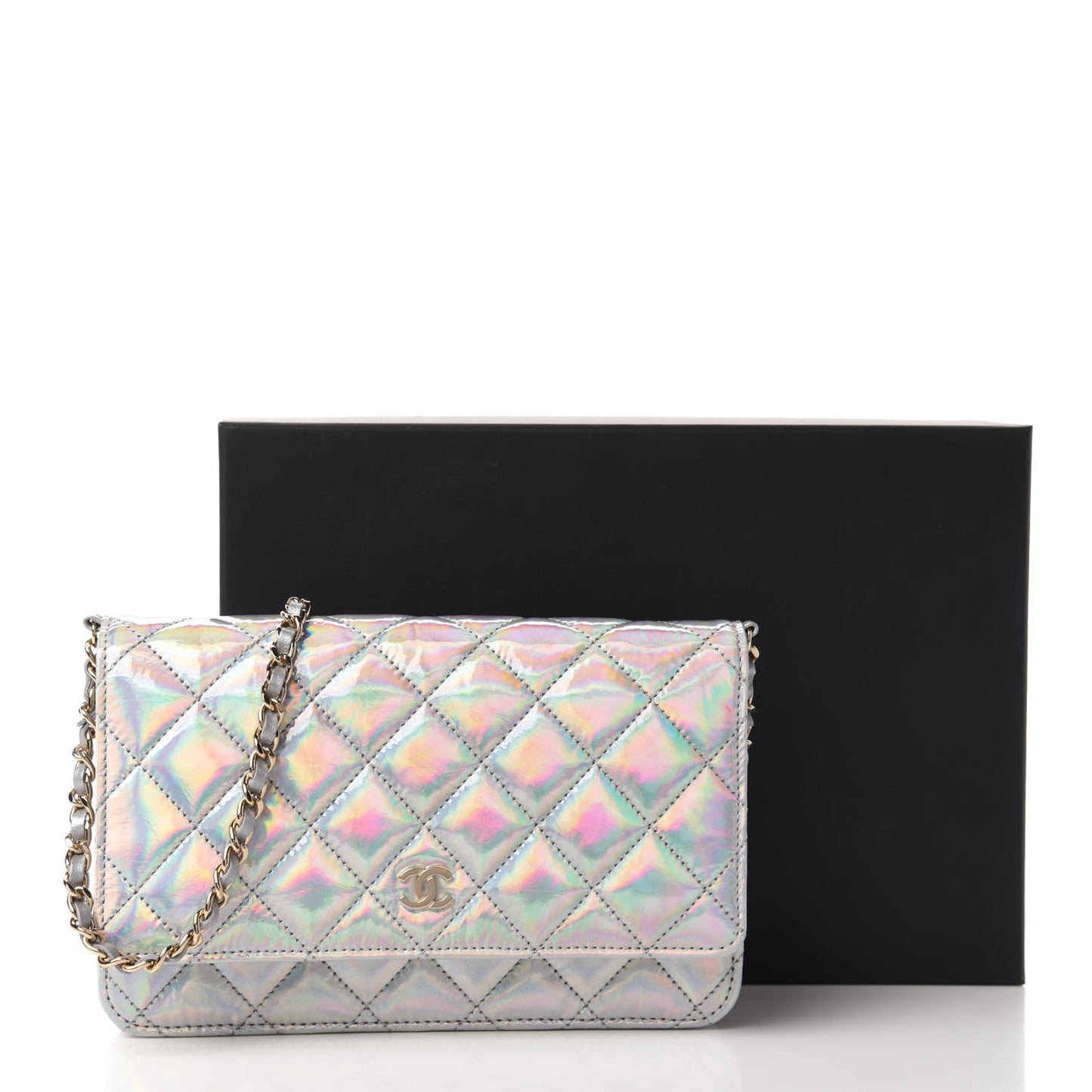 Iridescent Goatskin Quilted Wallet On Chain WOC Silver