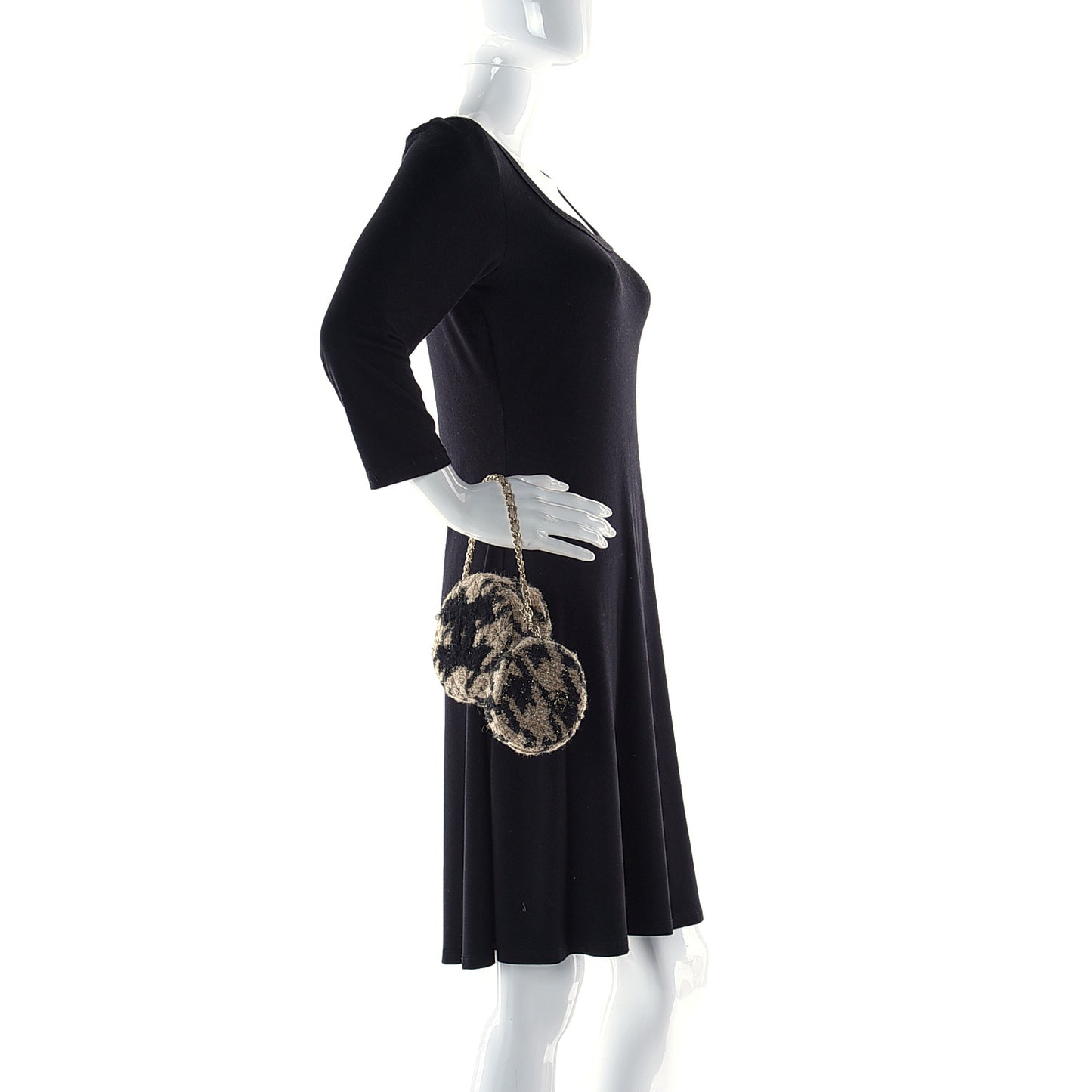 Tweed Shearling Round Clutch With Chain and Coin Purse Beige Black