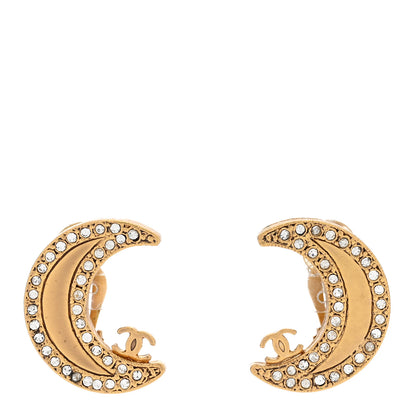 Chanel Crystal CC Crescent Moon Clip On Earrings Gold 1 of 5