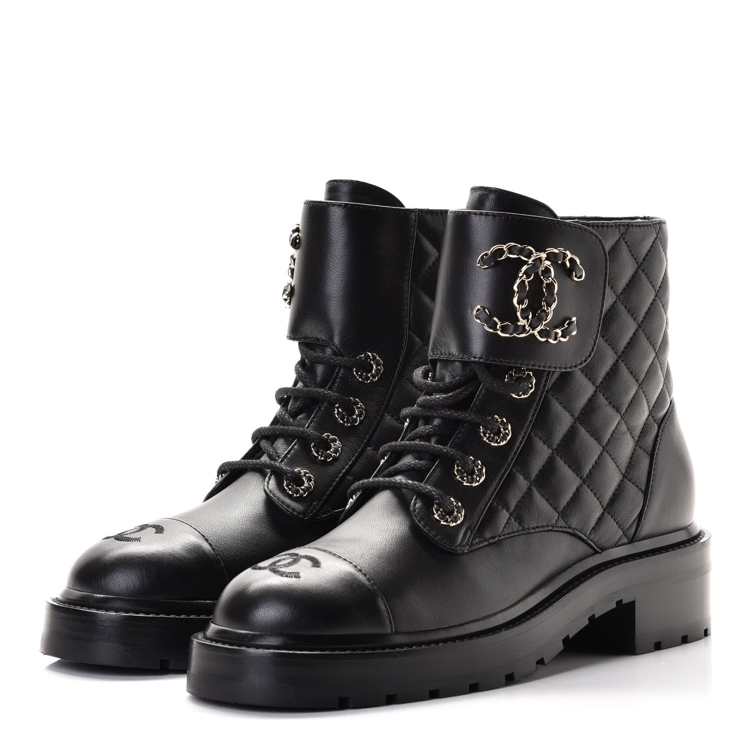 Chanel Shiny Lambskin Quilted Lace Up Combat Boots 37 Black 2 of 7
