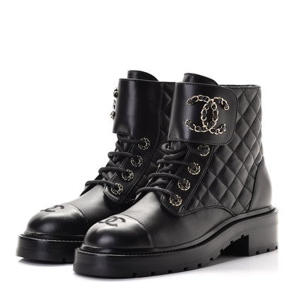 Chanel Shiny Lambskin Quilted Lace Up Combat Boots 37 Black 2 of 7