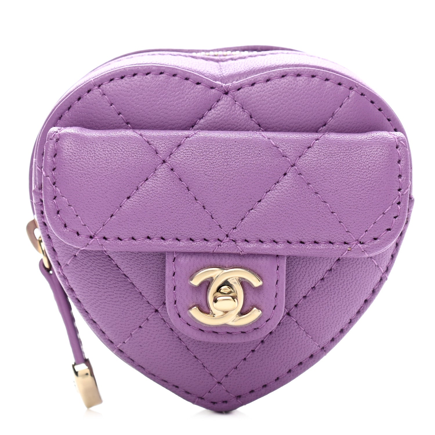 Chanel Lambskin Quilted CC In Love Heart Zipped Arm Coin Purse Purple 1 of 7