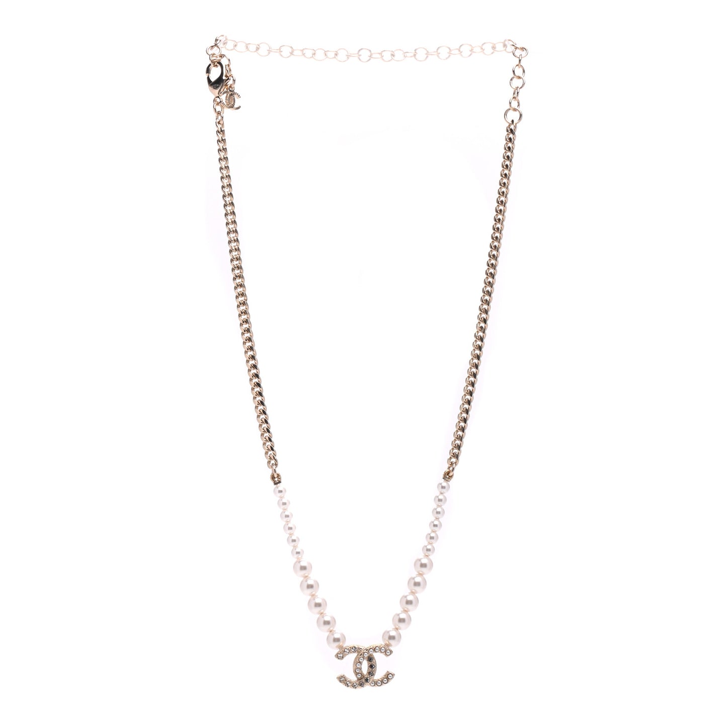 Pearl Crystal Chain CC Necklace Gold