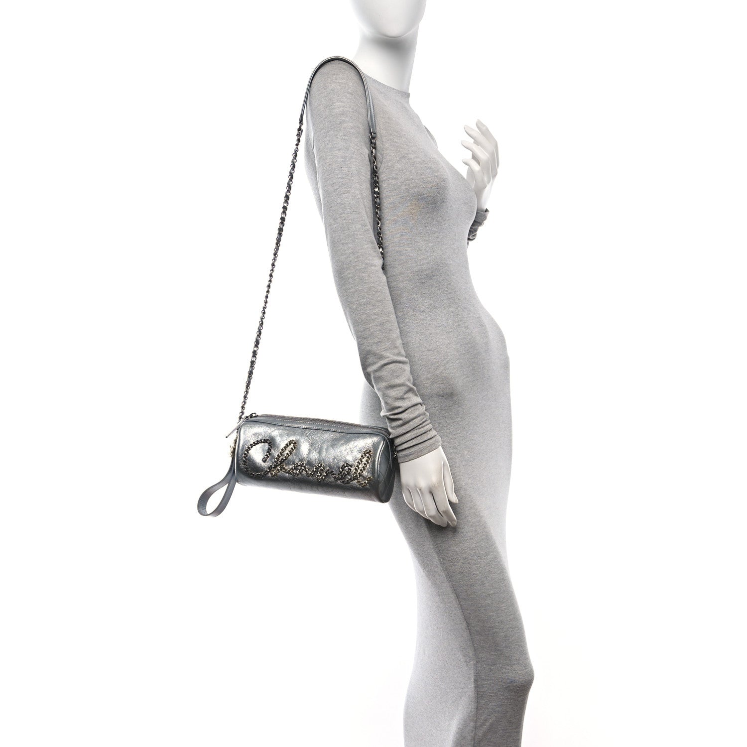 Chanel Metallic Crumpled Calfskin Chain 20s Signature Bowling Bag Silver 2 of 10