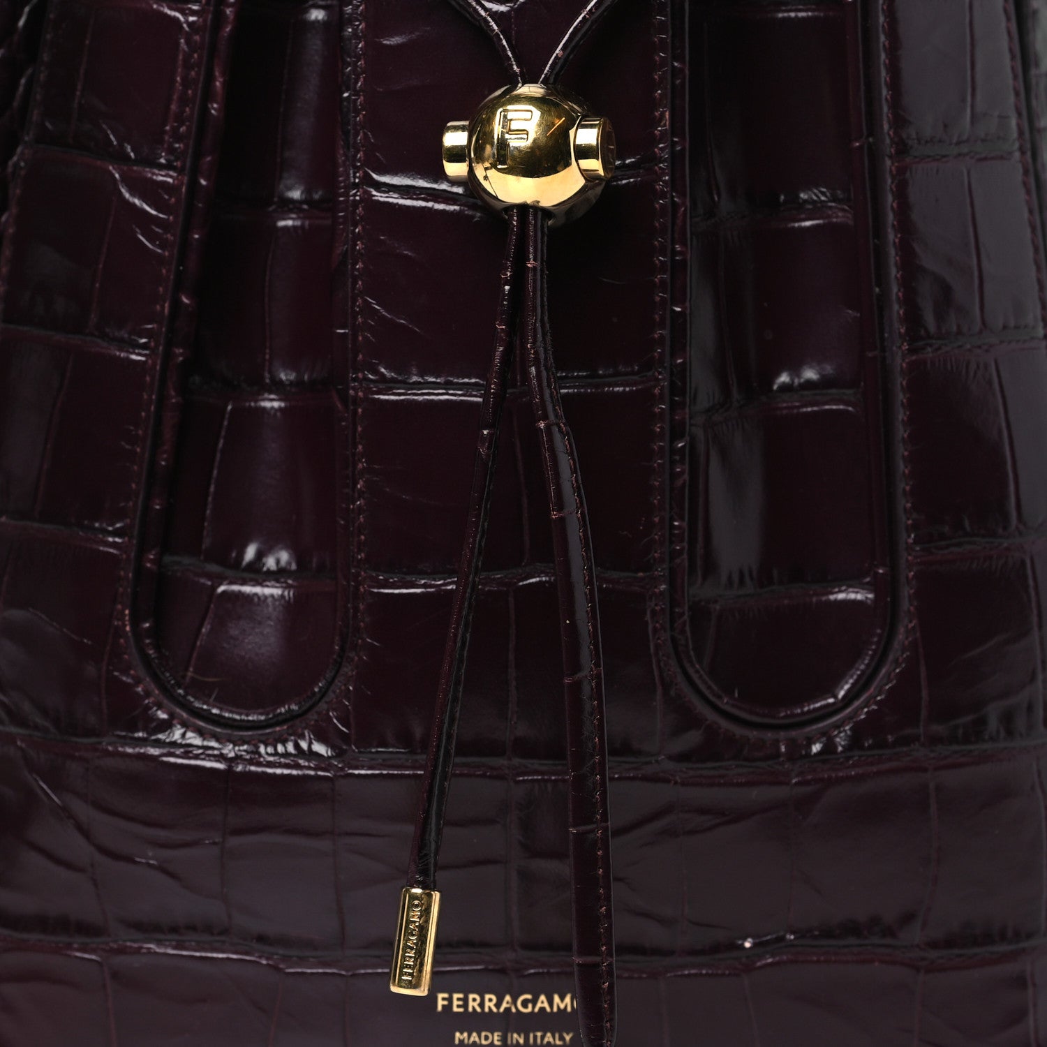 Salvatore Ferragamo Calfskin Crocodile Embossed Bucket Bag Bordeaux 7 of 14