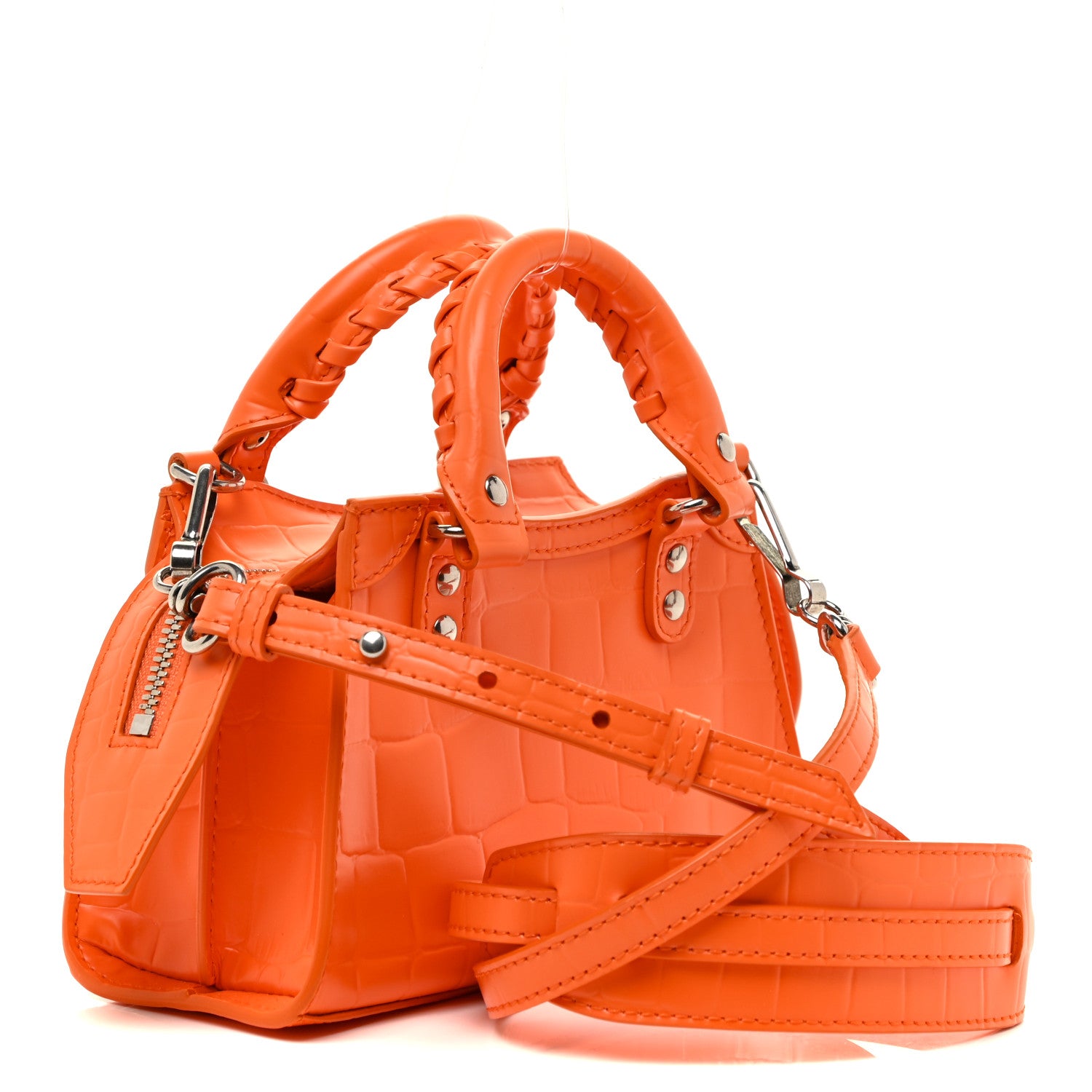 Balenciaga Semi Shiny Calfskin Crocodile Embossed Neo Classic Silver Hardware Nano City Crossbody Orange 3 of 12