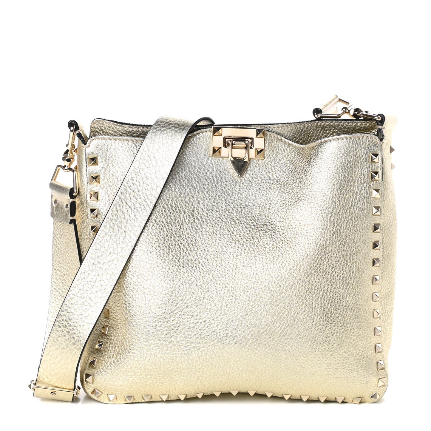Metallic Pebbled Calfskin Small Rockstud Flip-Lock Messenger Bag Platino