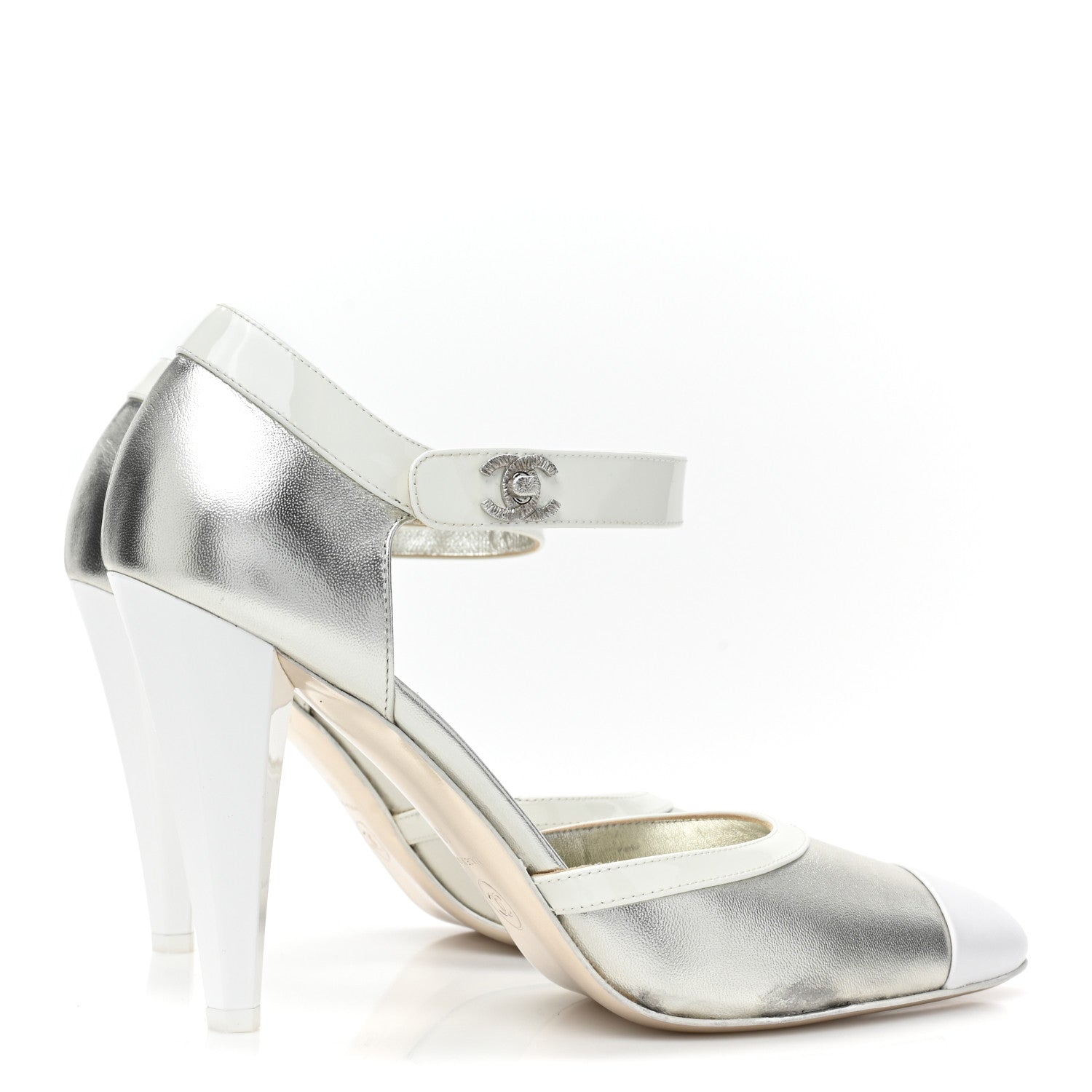 Chanel Laminated Lambskin Patent Cap Toe CC Turn-Lock Pumps 40 Silver White 4 of 13