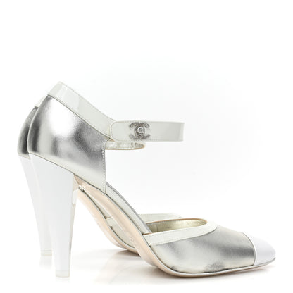 Chanel Laminated Lambskin Patent Cap Toe CC Turn-Lock Pumps 40 Silver White 4 of 13