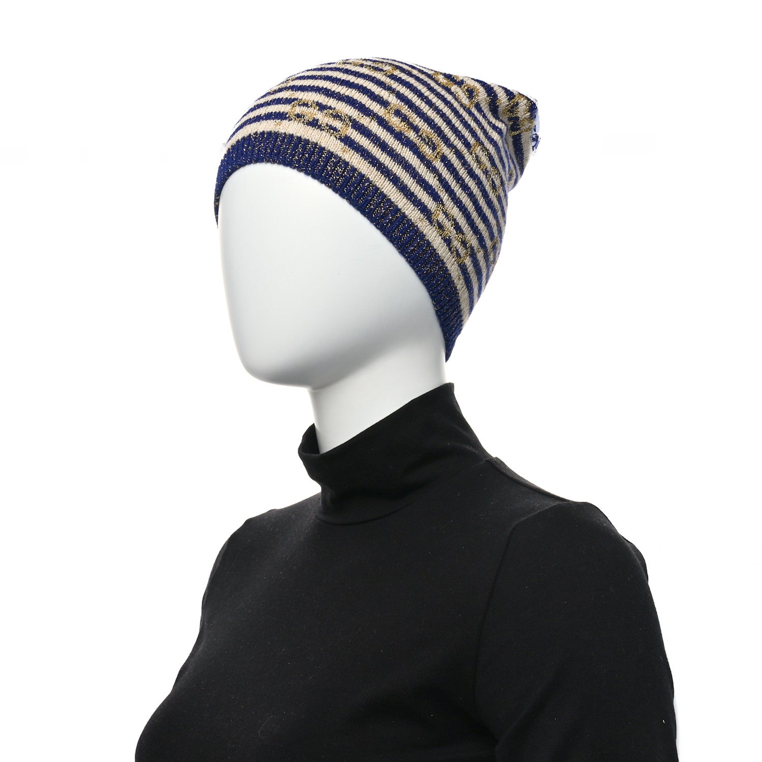 Gucci Cotton Monogram Jumbo GG Beanie Hat S Navy Ivory 2 of 7