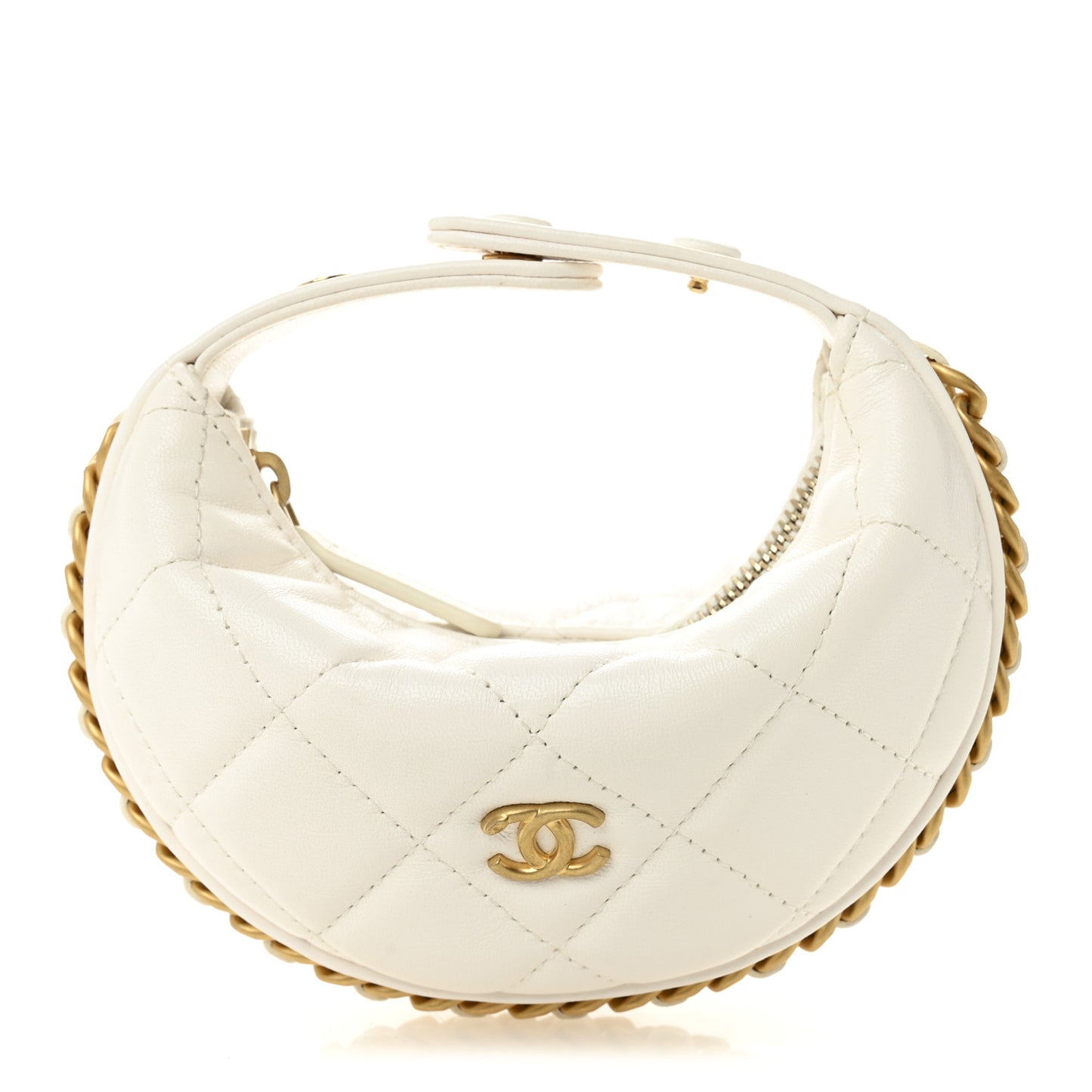 Shiny Crumpled Lambskin Quilted Chain Around Mini Pouch White