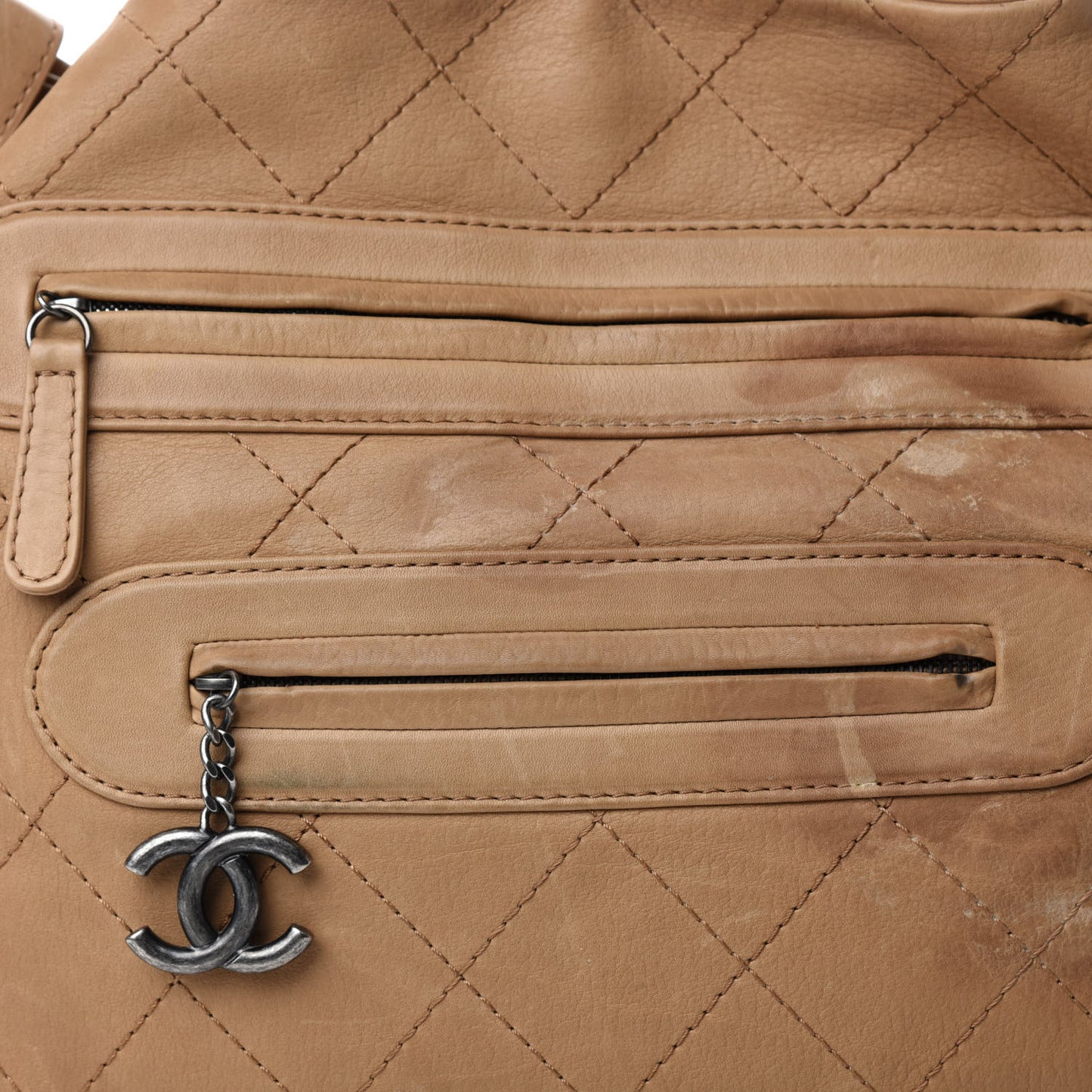 Calfskin Stitched Double Zip Hobo Beige