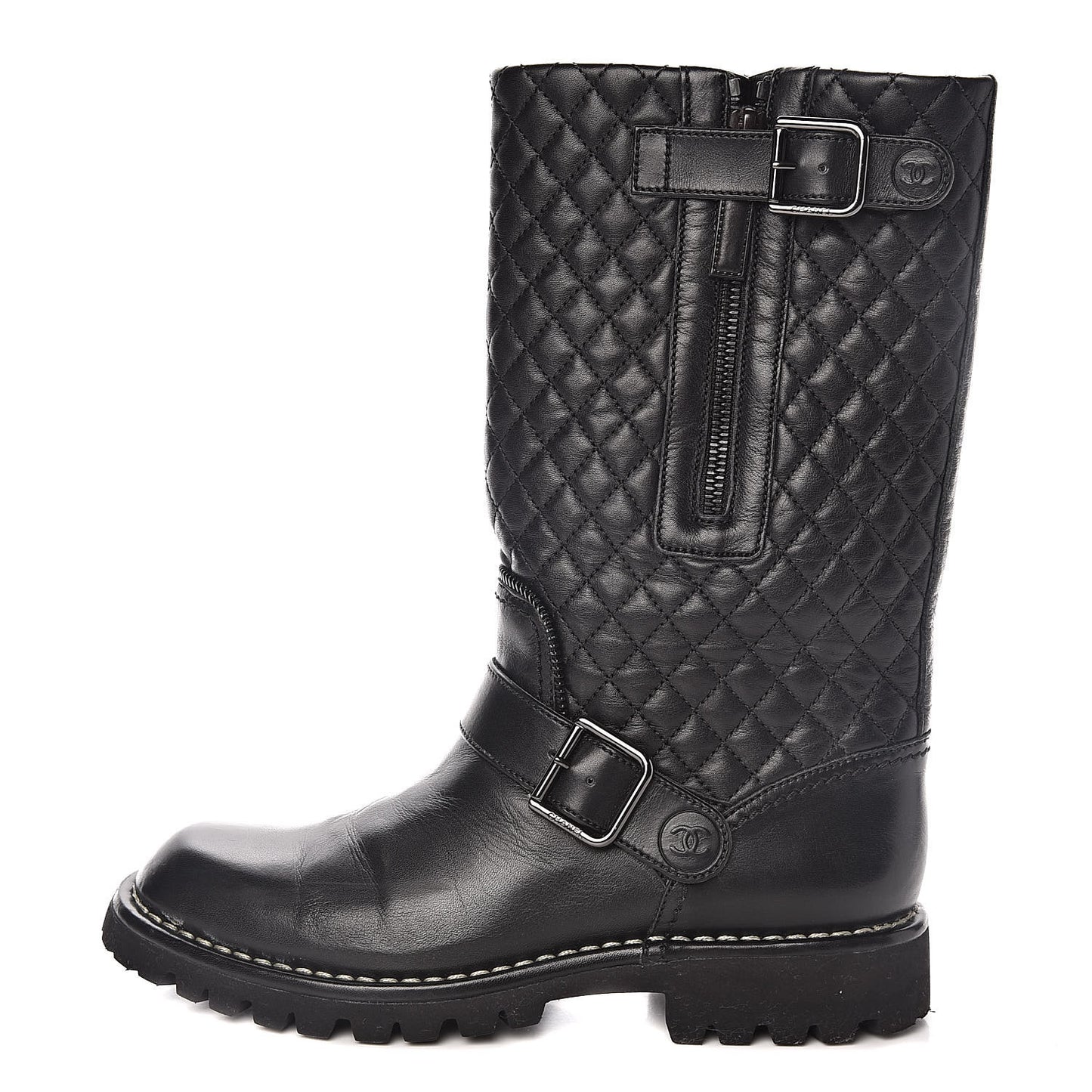 Calfskin Quilted Biker Boots 36 Black