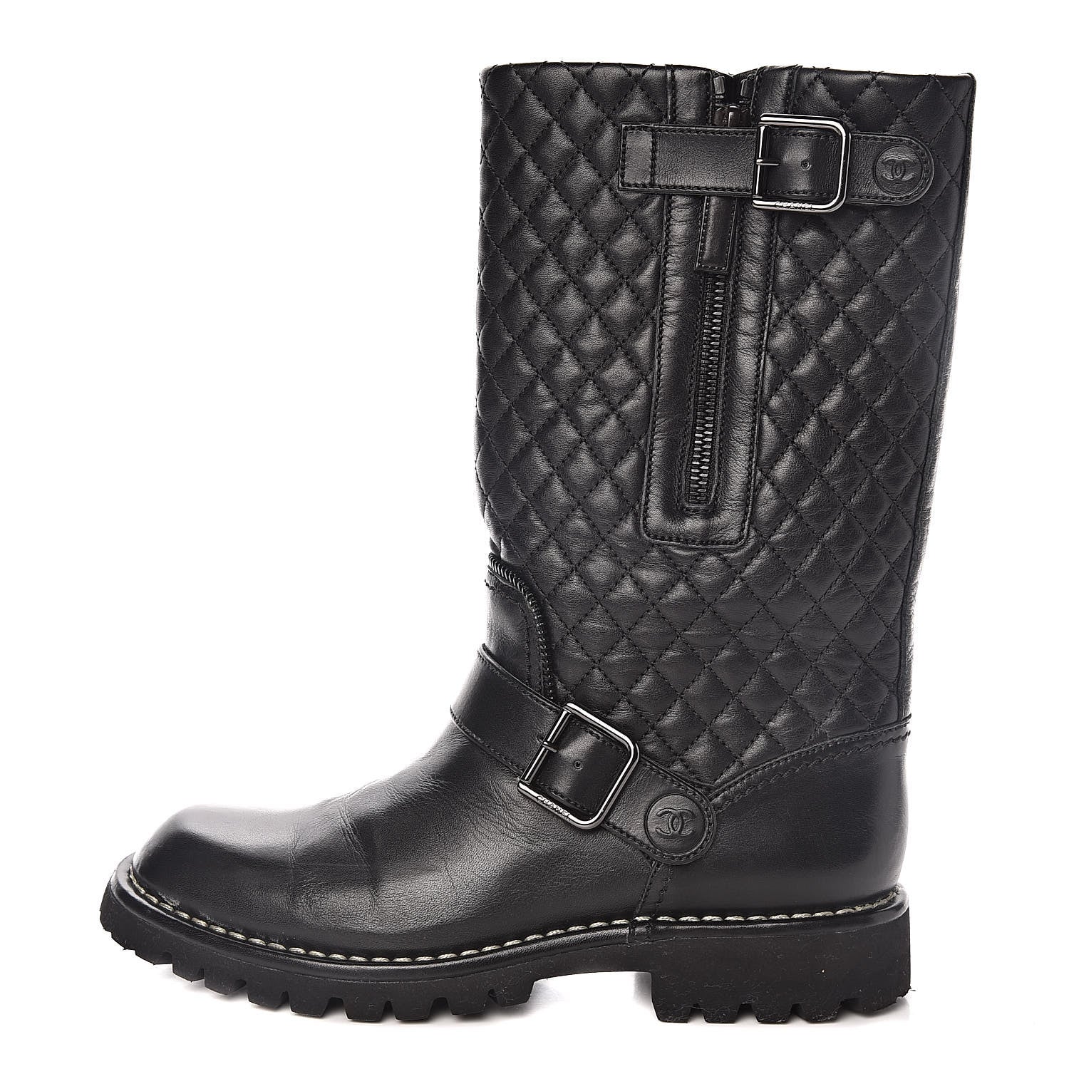 Chanel Calfskin Quilted Biker Boots 36 Black 1 of 9