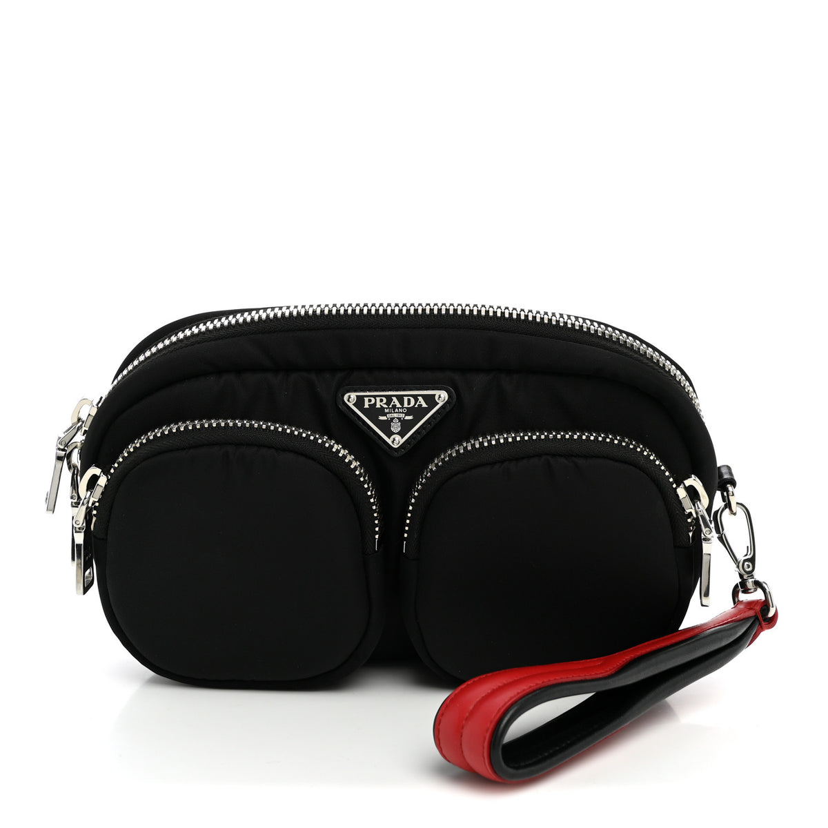 Prada Tessuto Nylon Double Pocket Wristlet Pouch Black Fuoco 1 of 10