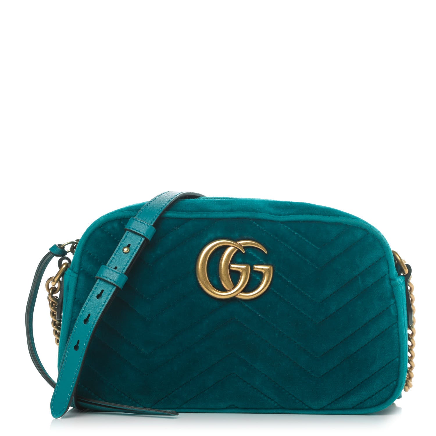 Gucci Velvet Matelasse Small GG Marmont Chain Shoulder Bag Pavone Cyan 1 of 4