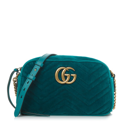 Gucci Velvet Matelasse Small GG Marmont Chain Shoulder Bag Pavone Cyan 1 of 4