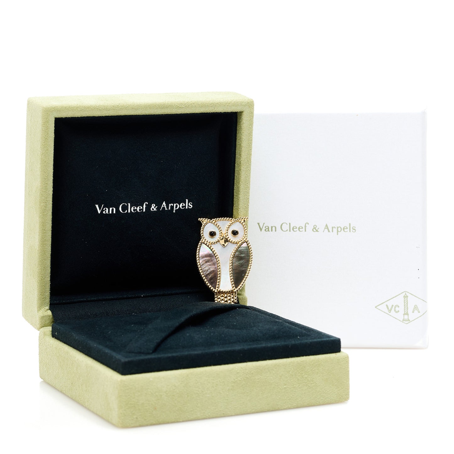 18K Yellow Gold Grey White Mother of Pearl Black Onyx Lucky Animals Owl Brooch